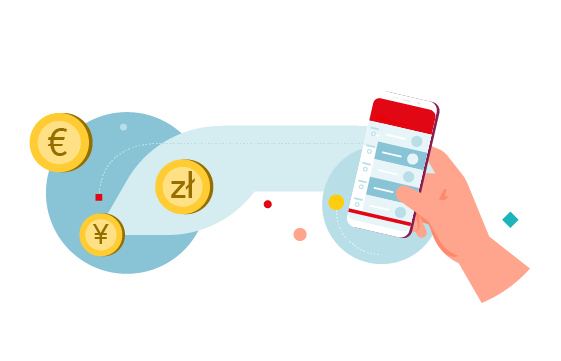 Ilustracja - monety różnych walut i dłoń ze smartofnem na nim aplikacji Santander mobile